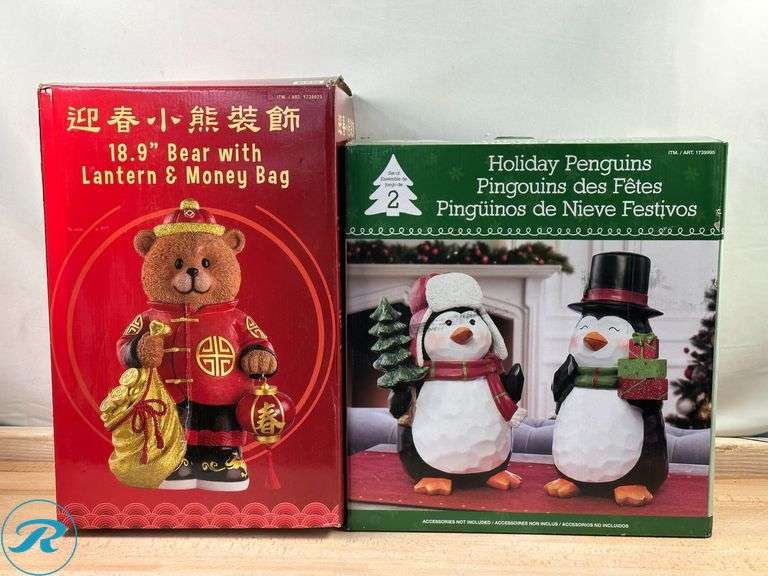 Bear with Lantern & Money Bag, 48 cm (18.9 in.)- New; Holiday Penguins, Set of 2- New