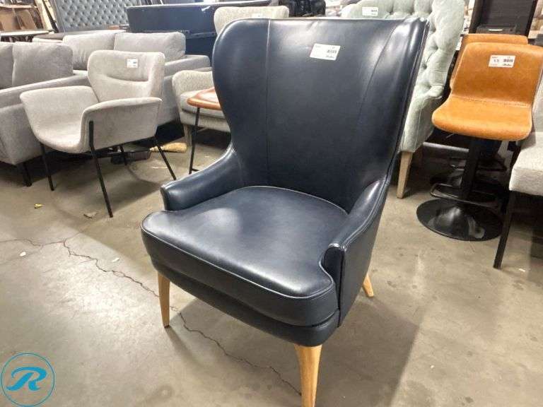 Single Blue Faux Leather Wingback Chair with Wooden Legs