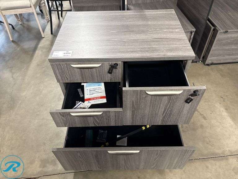 L-Shaped Office Desk 71″ x 30″ with 42” Left Return and Matching 31” x 22” Cabinet - Roller Auctions