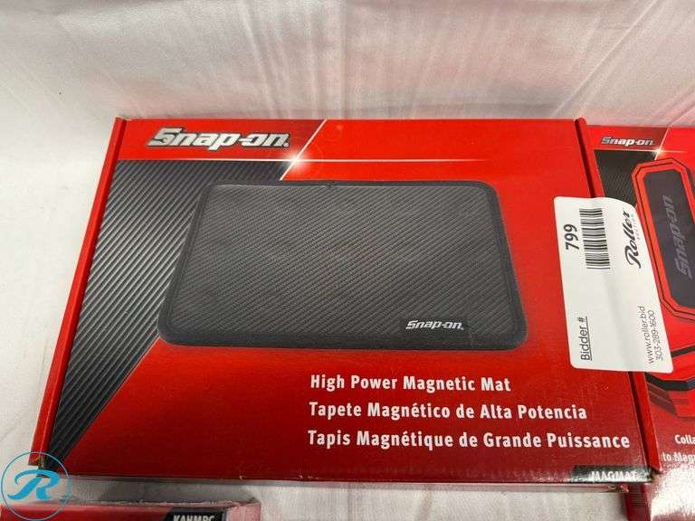 Snap-on Magnetic Tools Set: (2) MAGMAT High Power Mats, MAGDISH Collapsible 10″ Dish, (2) FLEXRAIL14RD Socket Rails, and KAHMPC Hanger - Roller Auctions