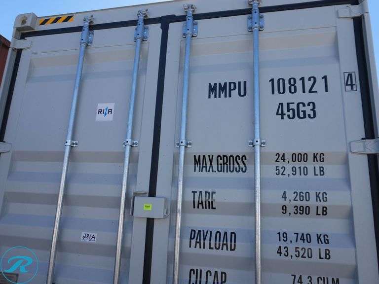 New 2025 40' Steel Storage Container, High Cube, 9' 6" High x 8' Wide, (4) Double Door Side Openings (Container Damaged Both Sides, With Hole in Door on Right Side) - Roller Auctions