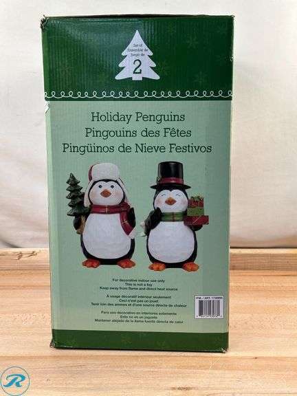 Bear with Lantern & Money Bag, 48 cm (18.9 in.)- New; Holiday Penguins, Set of 2- New - Roller Auctions