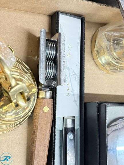 Box of Brass Bells, Magnifier, and Metal Cutter - Roller Auctions