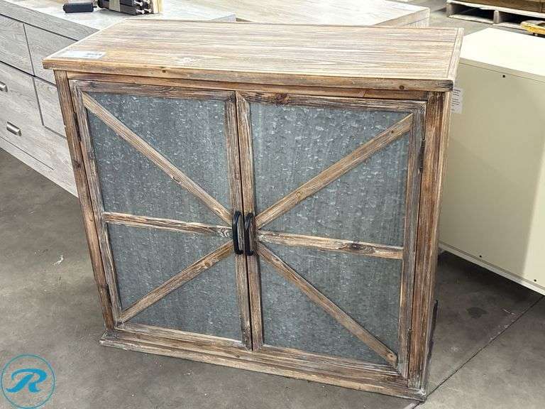 Wooden Cabinet With Galvanized Metal Paneled Doors, 36″ x 16″ x 33″