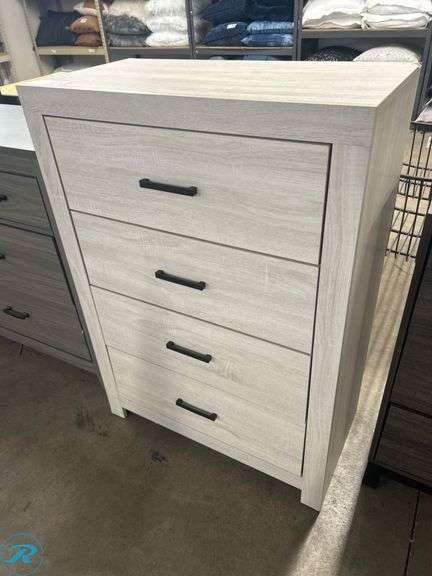 4-Drawer Light Wood Dresser with Black Metal Pulls, 30in x 17in x 45in, Damage to Corner