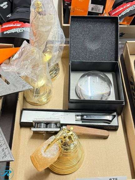 Box of Brass Bells, Magnifier, and Metal Cutter - Roller Auctions