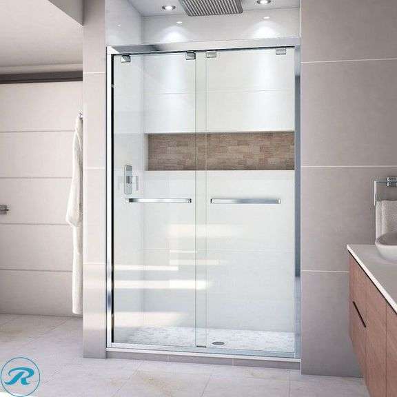 (1) New- DreamLine Encore Chrome 44-in to 48-in W x 76.0-in H Semi-frameless Clear Glass Sliding Shower door