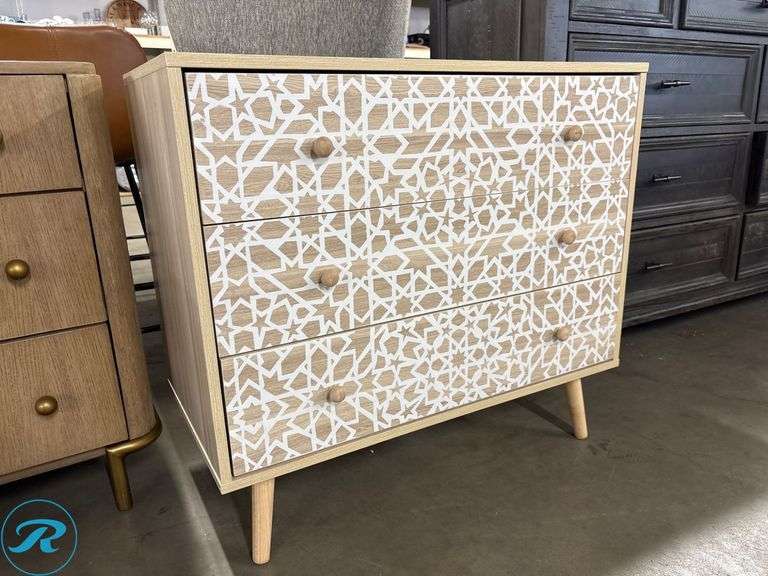 Wooden Three-Drawer Dresser With Geometric Inlay, 32″ x 16″ x 29″ - Roller Auctions