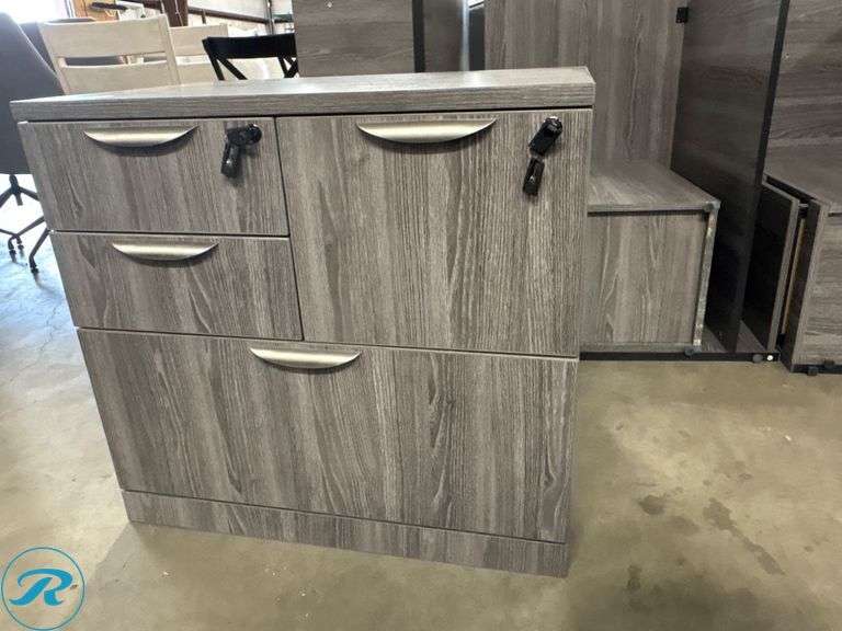 L-Shaped Office Desk 71″ x 30″ with 42” Left Return and Matching 31” x 22” Cabinet - Roller Auctions