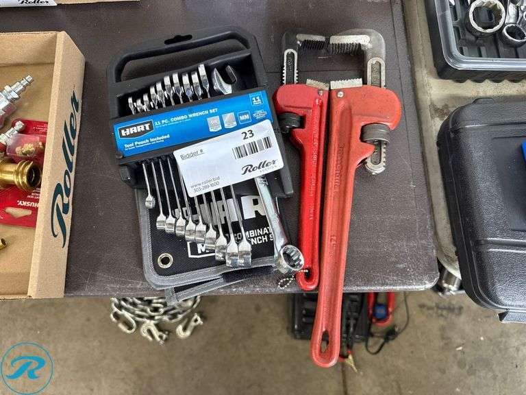 Hart 11-Piece Combination Wrench Set with Two Red Ridgid Pipe Wrenches