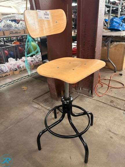 Bevco Adjustable-Height Industrial Stool with Wood Seat and Backrest - Roller Auctions