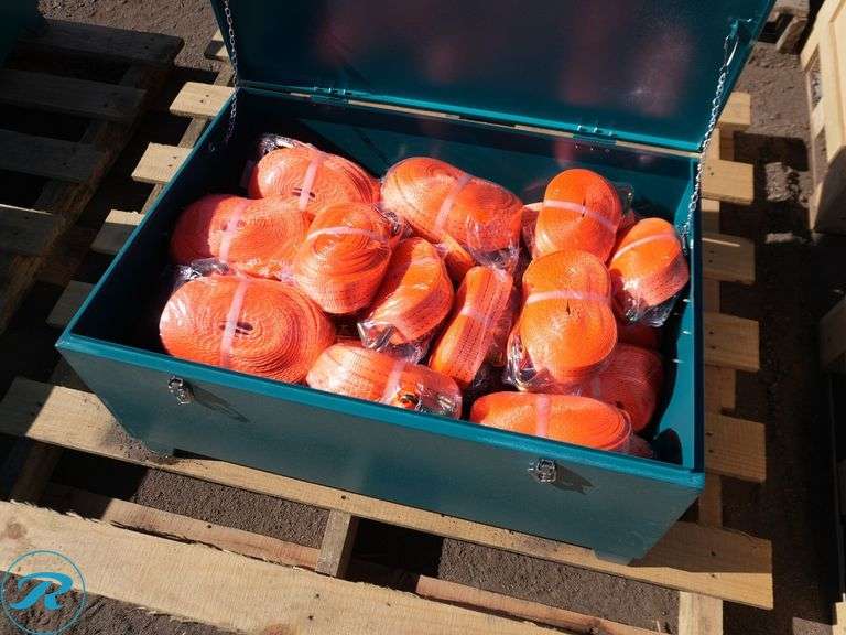 New Land Honor LHR-RF24 Ratchet Tie Downs And Flatpack Toolbox, Includes: (16) 2" W X 27' L, 5-Ton Ratchets, (8) 1.5" W X 27' L, 3-Ton Ratchets - Roller Auctions