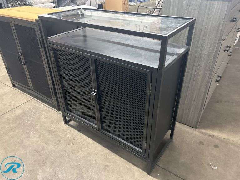 Metal Cabinet With Mesh Doors and Glass Top