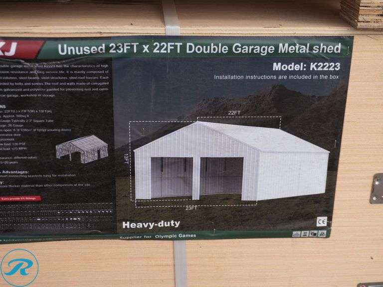 New KJ K2223 Double Garage Metal Shed, 23' x 22' x 13' High - Roller Auctions