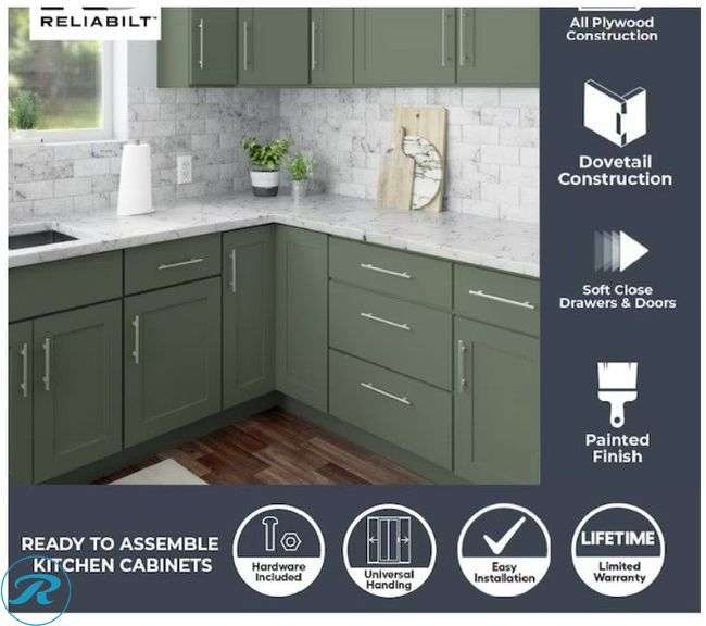 (17-Items Total) New Basil Green Kitchen Cabinet Bundle (RTA) Includes (7) Base Cabinets ,(7) Wall Cabinets ,(1) Wall Corner and (2) Cabinet Toe Kick Trim. Ready To Assembled (NOT ASSEMBLED) Please see all pictures for cabinet models and dimensions "MSRP. $3850 - Roller Auctions