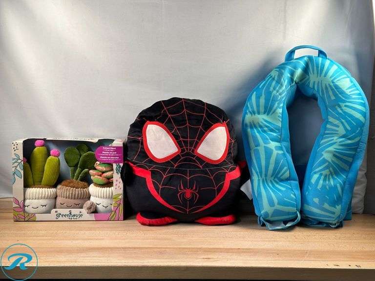 Greenhouse by Russ: Potted Plant Plush Set- New; Marvel: Spiderman Plush Toy- Used; Big Joe: Noodle Sling Pool Float- Used - Roller Auctions