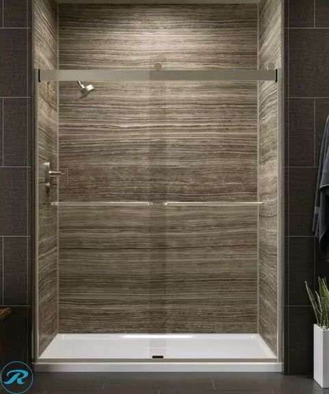 (1) New Kohler Levity Brushed Nickel 56 1/4" to 60" W x 74" H Frameless Standard Sliding Shower