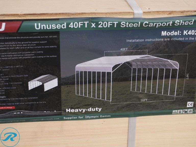 New KJ K4020 Steel Carport Shed, 40' x 20' x 14' - Roller Auctions