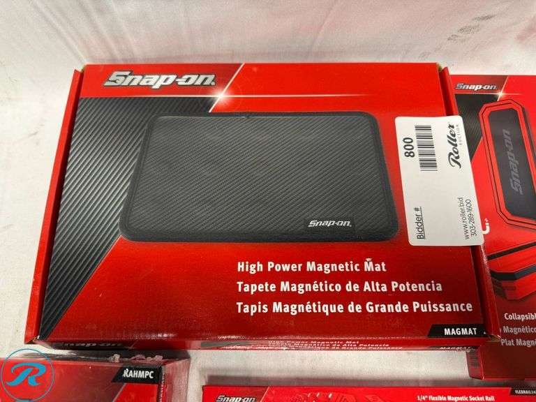 Snap-on Magnetic Tools Set: (2) MAGMAT High Power Mats, MAGDISH Collapsible 10″ Dish, (2) FLEXRAIL14RD Socket Rails, KAHMPC Hanger - Roller Auctions