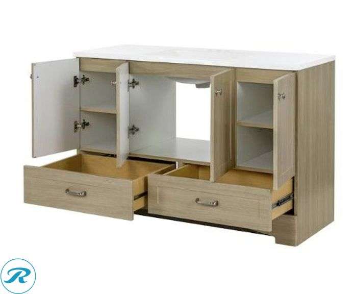 (2-Items Total) (1) New Diamond NOW Cassidy 48-in Light Oak Brown Single Sink Bathroom Vanity with White Cultured Marble Top, (1) New waterpar 24-in x 36-in Framed Rectangle Bathroom Vanity Mirror ( Silver ). - Roller Auctions