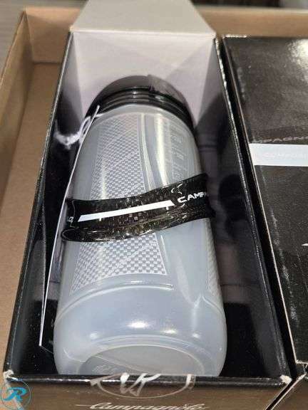(2) Campagnolo Carbon Water Bottle Cages with Bottles and (2) Carbon Cages - Roller Auctions