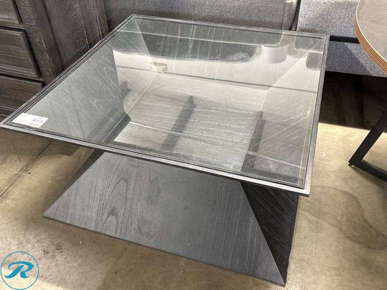 Glass-Top Square Coffee Table With Black Geometric Wood Base, 38″ x 38″ x 18″