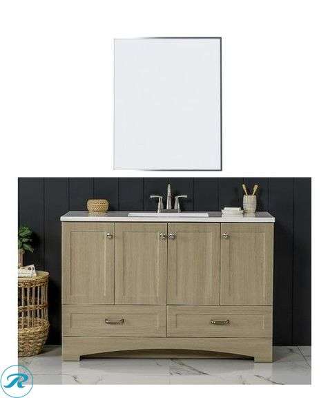 (2-Items Total) (1) New Diamond NOW Cassidy 48-in Light Oak Brown Single Sink Bathroom Vanity with White Cultured Marble Top, (1) New waterpar 24-in x 36-in Framed Rectangle Bathroom Vanity Mirror ( Silver ).