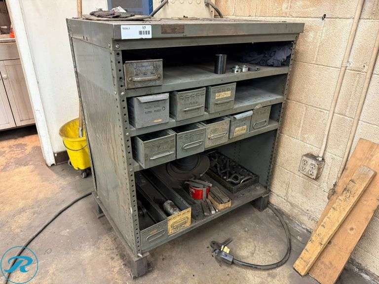 Metal Storage Cabinet with Drawers and Assorted Tools and Hardware