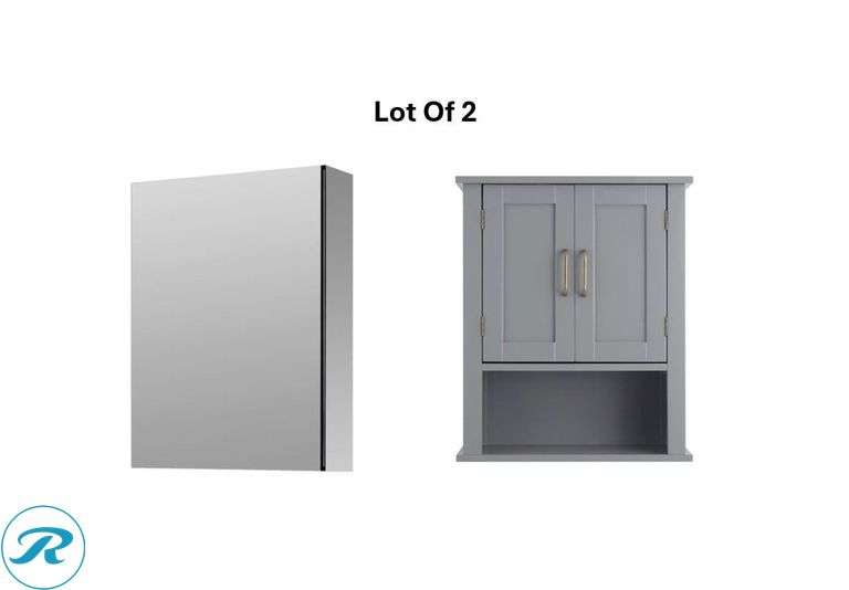 (1) New Teamson Home Mercer 20.07-in x 24.17-in x 7-in Gray Bathroom Wall Cabinet, (1) New allen + roth 20-in x 26-in Fog Free Surface/Recessed Mount Silver Mirrored Square Soft Close Medicine Cabinet