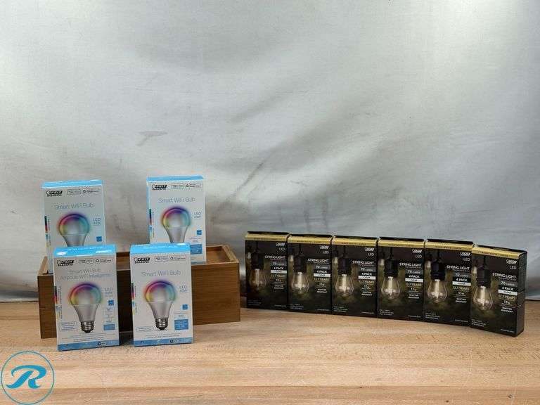 Feit Electric: Wi-Fi Smart Bulbs, 4-pack- New; (6) Feit Electric LED Replacement String Light Bulbs, 11 watts- New