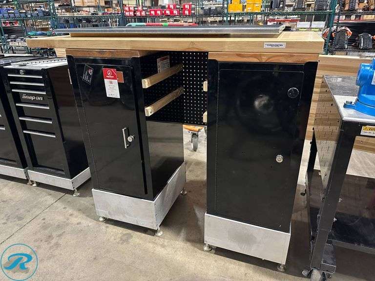 Workbench with Butcher Block Top, Steel Storage Cabinets, and Pegboard Backing