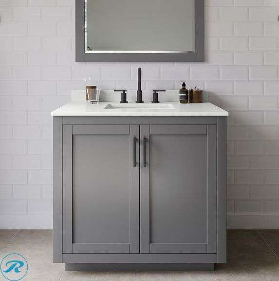 New-Wyndham Collection Miranda 36-in Dark Gray with Matte Black Trim Undermount Single Sink Bathroom Vanity with White Quartz Quartz Top (Mirror Included)
