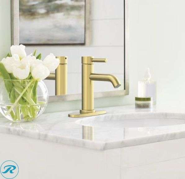 (2) New- allen + roth Harlow Brushed Gold Single hole 1-handle WaterSense Mid-arc Residential Handle Bathroom Sink Faucet with Drain with Deck Plate