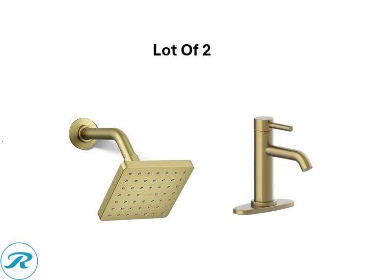 (2-Items Total ) (1) New- allen + roth Harlow Brushed Gold Single hole 1-handle WaterSense Mid-arc Residential Handle Bathroom Sink Faucet with Drain with Deck Plate, (1) KOHLER 1.0 -Spray Vibrant Brushed Moderne Brass 6-in Round Shower Head 1.75 GPM