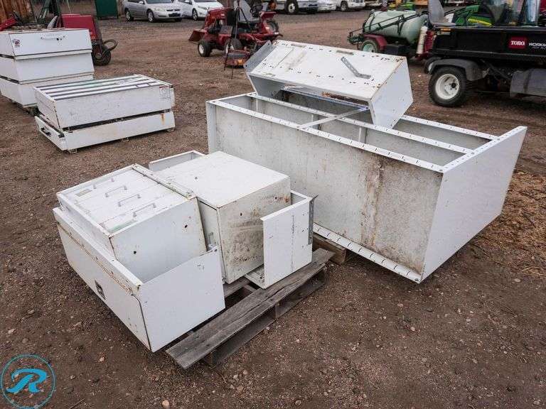 (2) Pallets of Weather Guard Metal Shelving Units and Storage Drawers (1-Missing Key)