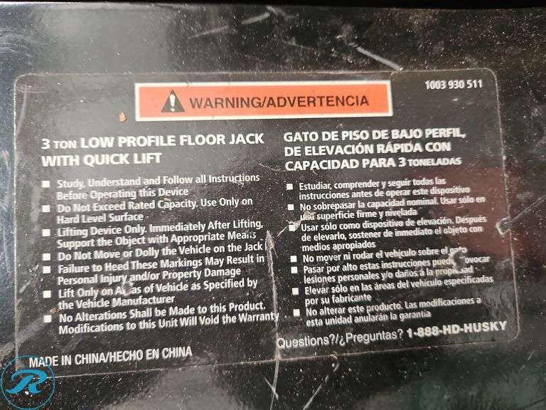 Husky 3 Ton Low Profile Floor Jack with Quick Lift - Roller Auctions
