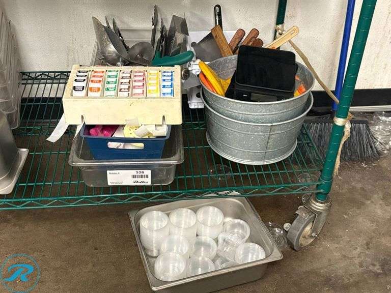 Kitchen Supplies Including Taylor Digital Scale, Utensils, Food Labels, and Plastic Cups