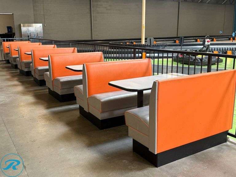 (5) Double-Sided Upholstered Restaurant Booths, 48″, (2) Single-Sided Upholstered Restaurant Booths, 48″ Includes (6) Wood Dining Tables, 47″