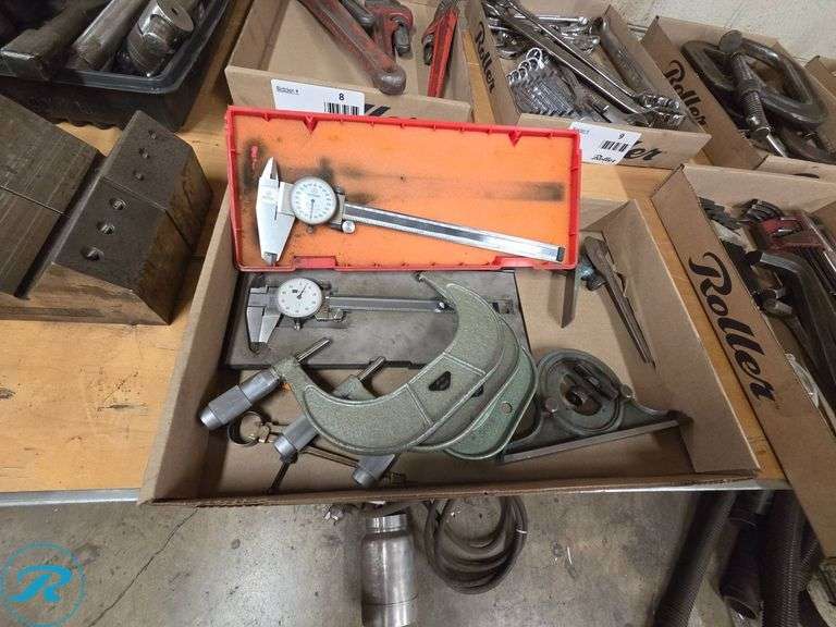 Tray of Precision Measuring Tools Including Dial Calipers and Micrometers