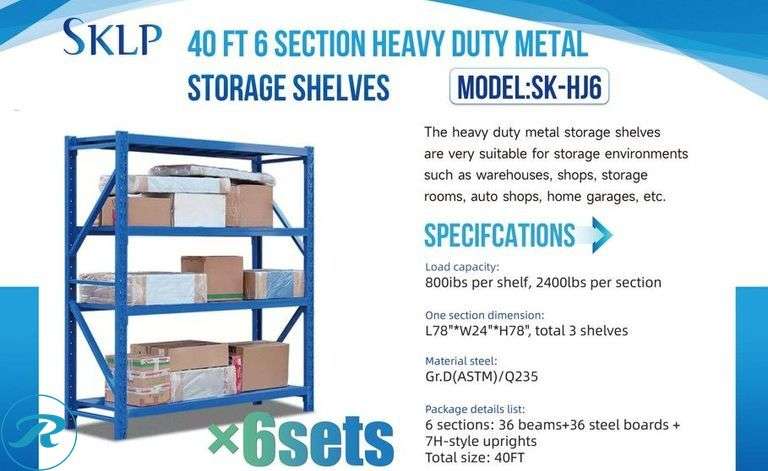 (6) New Sections of SKLP SK-HJ6 Metal Storage Shelves, Each Section is 78" x 24" x 78"