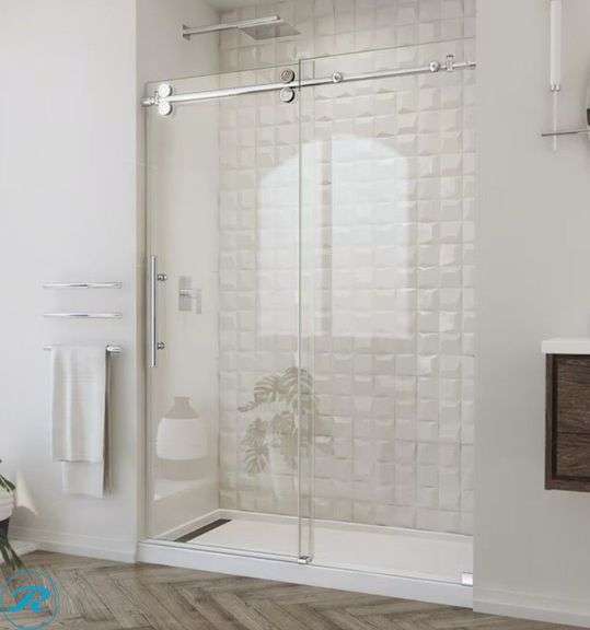 New DreamLine Enigma-XO Polished Stainless Steel 50-in to 54-in W x 76.0-in H Frameless Clear Glass Sliding Shower door, (Box have Minor Damage but Product its In perfect condition )