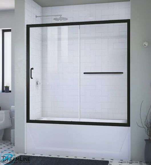 New- DreamLine Infinity-Z Matte Black 56-in to 60-in W x 58-in H Semi-Frameless Sliding Bathtub Door