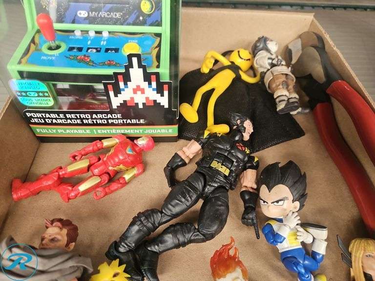 Tray of Action Figurea and Galaga Portable Retro Arcade - Roller Auctions