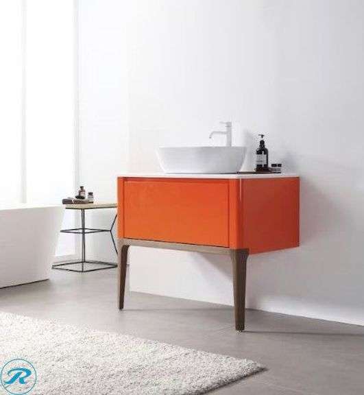 (1) New CARTISAN DESIGN Sedna 36-in Red Amber/Dark Walnut Single Sink Floating Bathroom Vanity with Pure White Quartz Top With New VIGO Vinca Matte Stone 14-in Vessel Rectangular Modern Matte white Bathroom Sink
