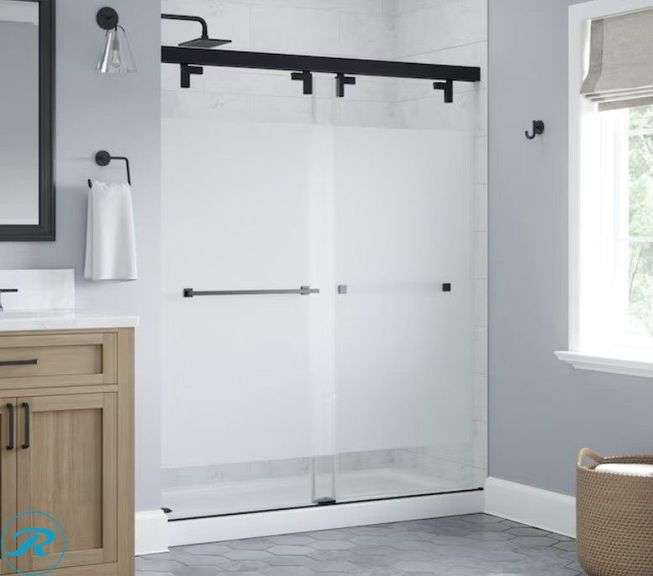 New- Delta Kesara Matte Black 53-in to 60-in W x 72.99-in H Frameless Frosted Glass Bypass Sliding Soft Close Shower door