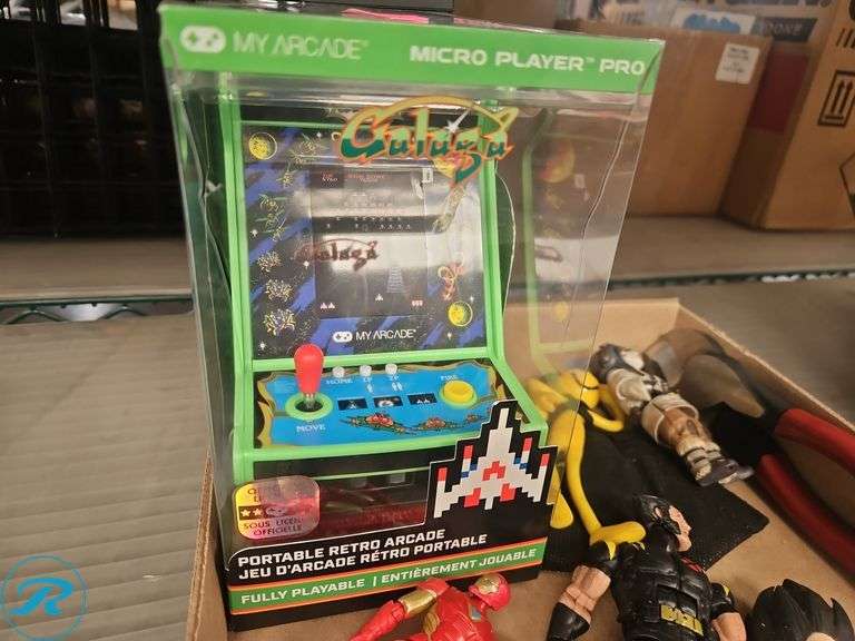 Tray of Action Figurea and Galaga Portable Retro Arcade - Roller Auctions