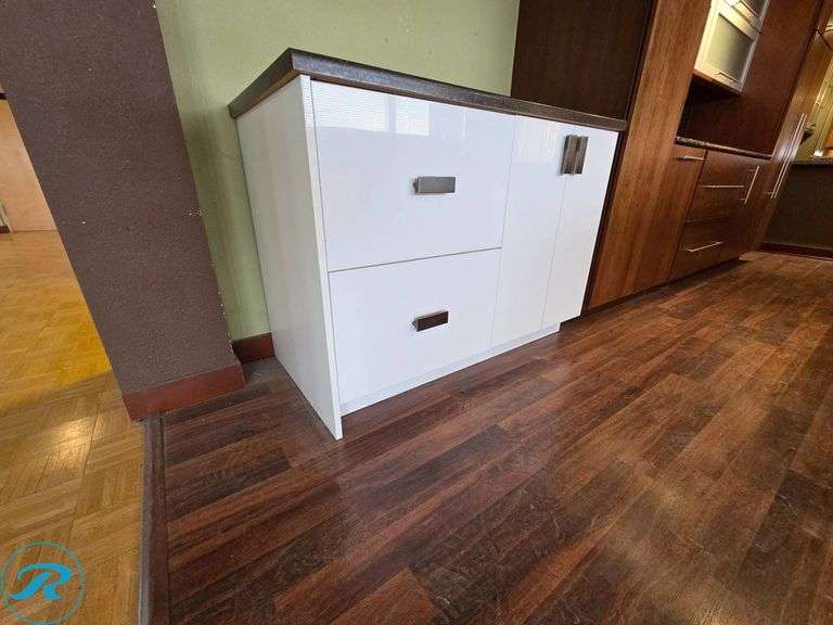 Single Cabinet with Laminate Countertop, White Gloss Slab Door, 48” x 24” x 36” Tall - Roller Auctions