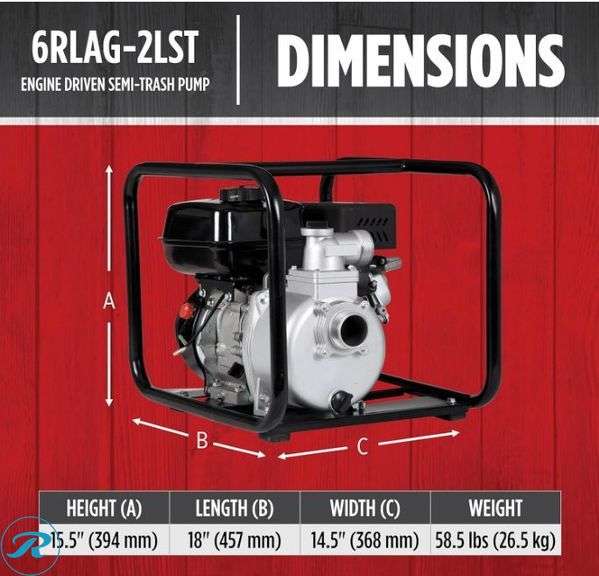 Red Lion 6RLAG-2LST 208cc, 150 GPM OHV Engine Driven Aluminum Semi-Trash Pump, 2-inch MNPT suction and discharge, Black, $599.99 Retail - New - Roller Auctions