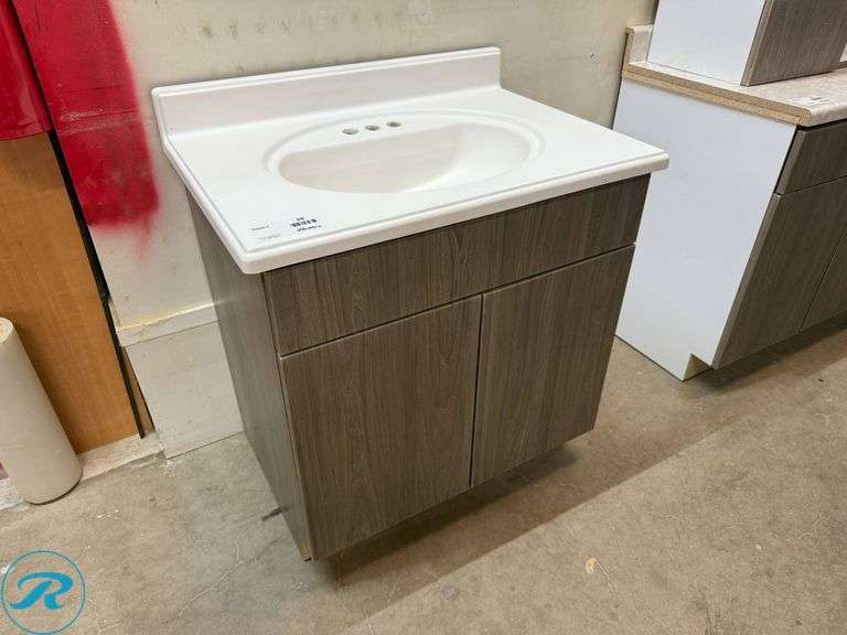 Single Vanity with Cultured Marble Countertop and Sink, PCS Lenox Satomi, 30" x 21" x 31 1/2" Tall - Roller Auctions