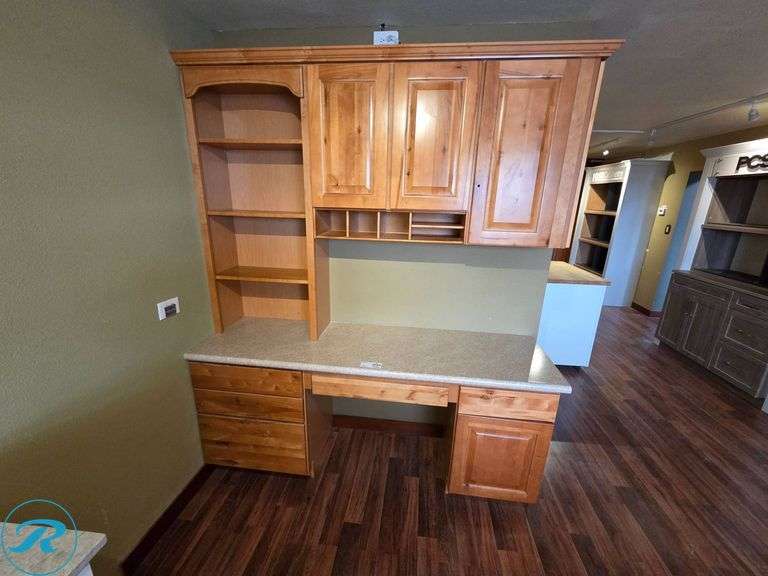 7-Piece Desk Cabinet Set, Aristokraft Dryden Fawn with Laminate Countertop - Roller Auctions